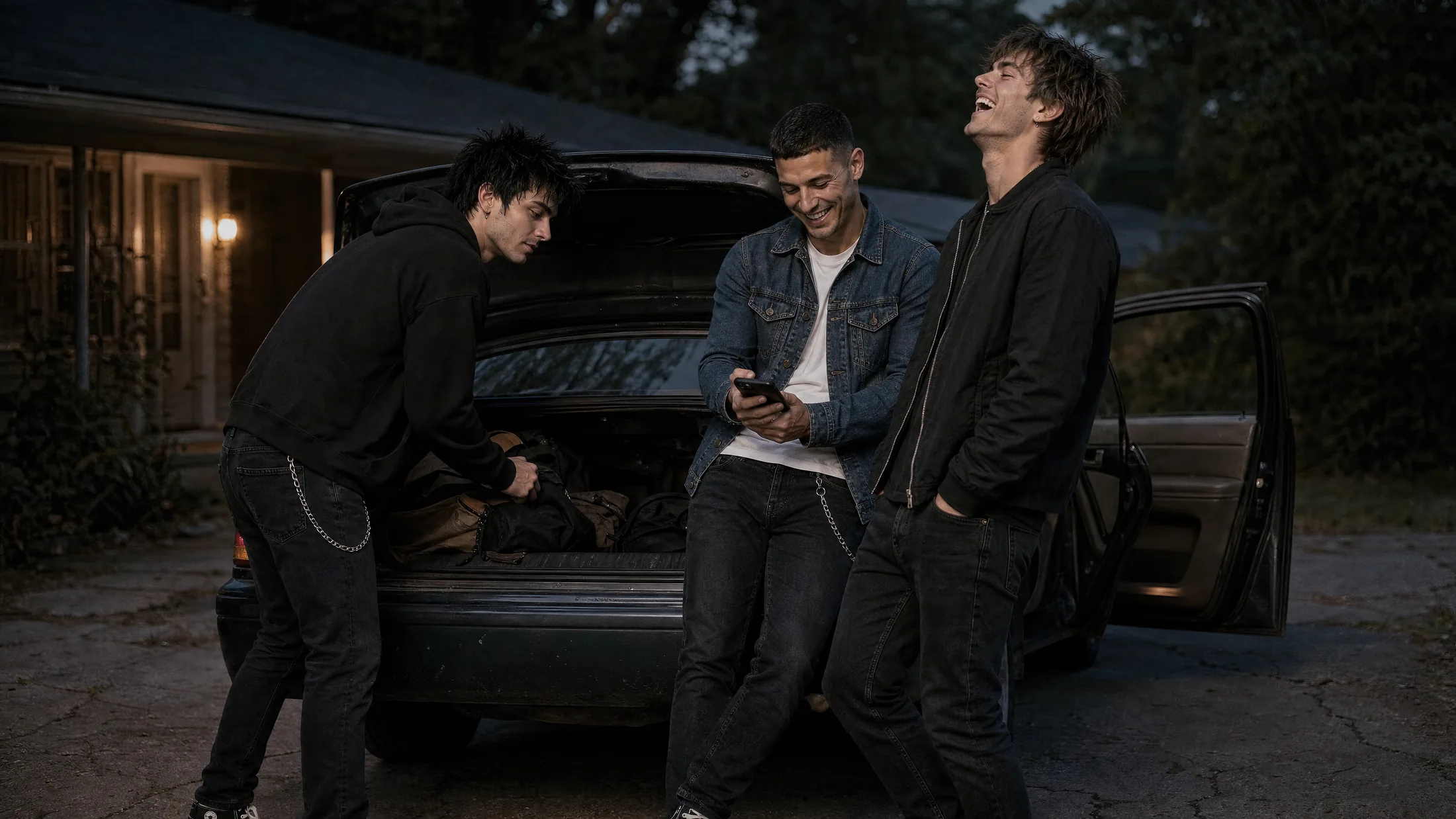 Kai Parker, Jax Harrison and Ryder Cole sharing a laugh beside an open car trunk at night