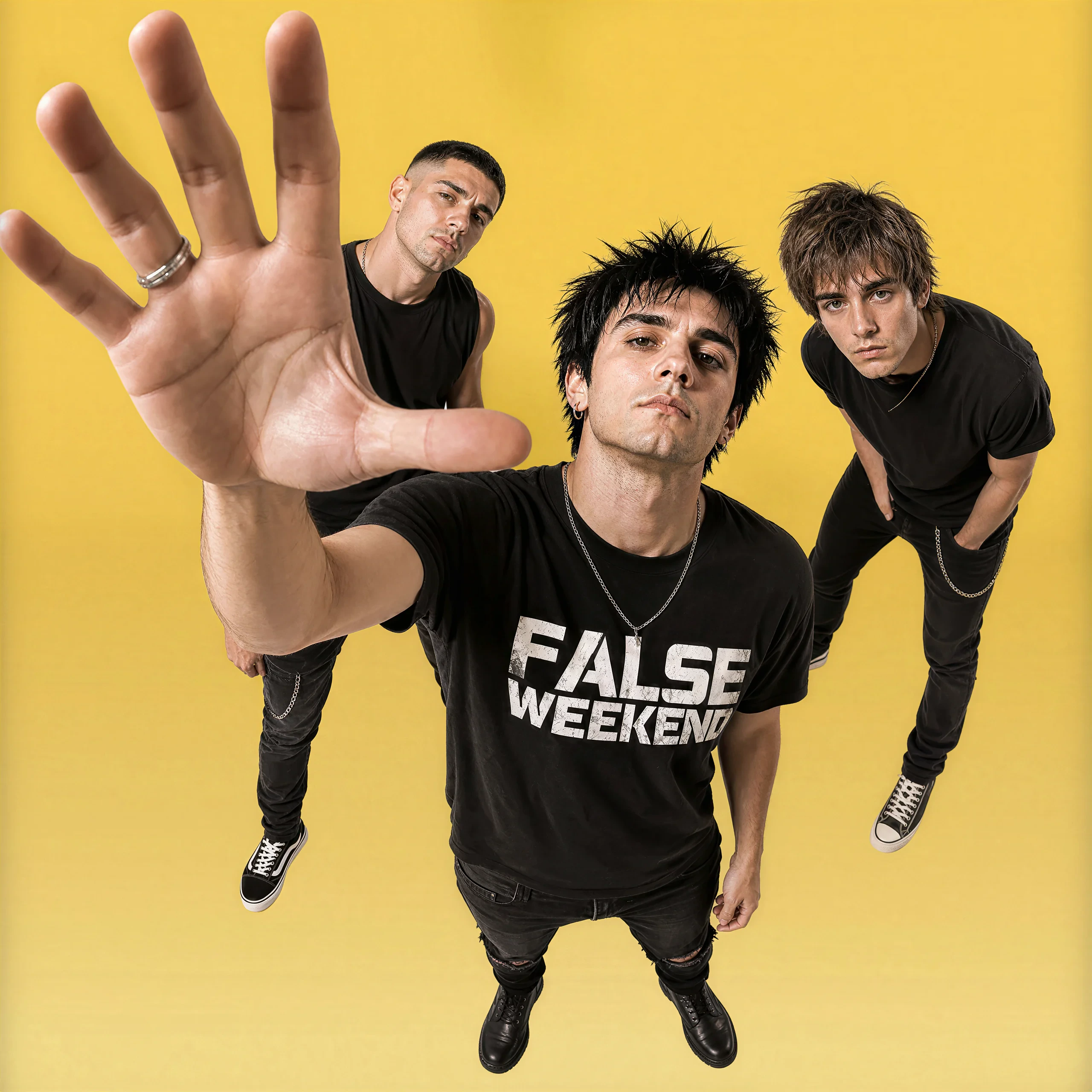 FALSE WEEKEND reaching toward the camera against a vivid yellow background
