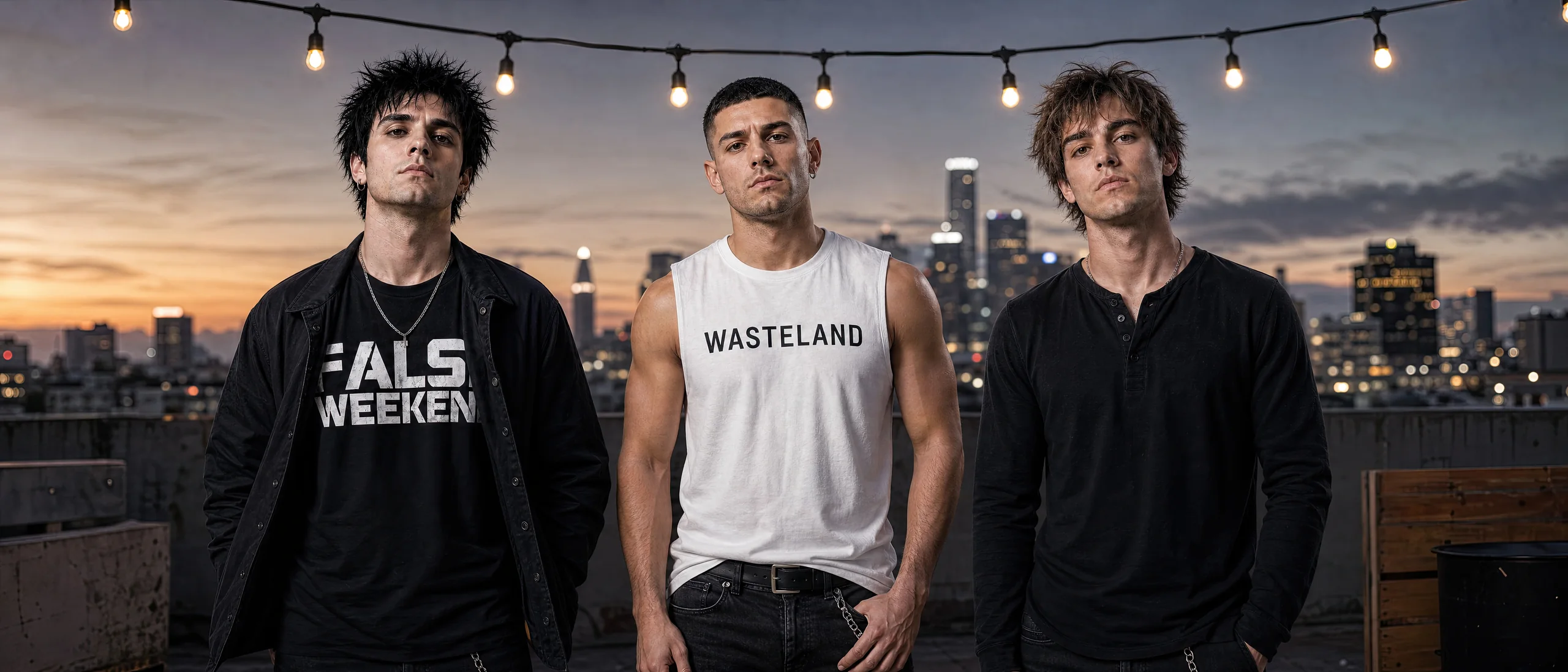 Kai Parker, Jax Harrison and Ryder Cole on a rooftop at dusk