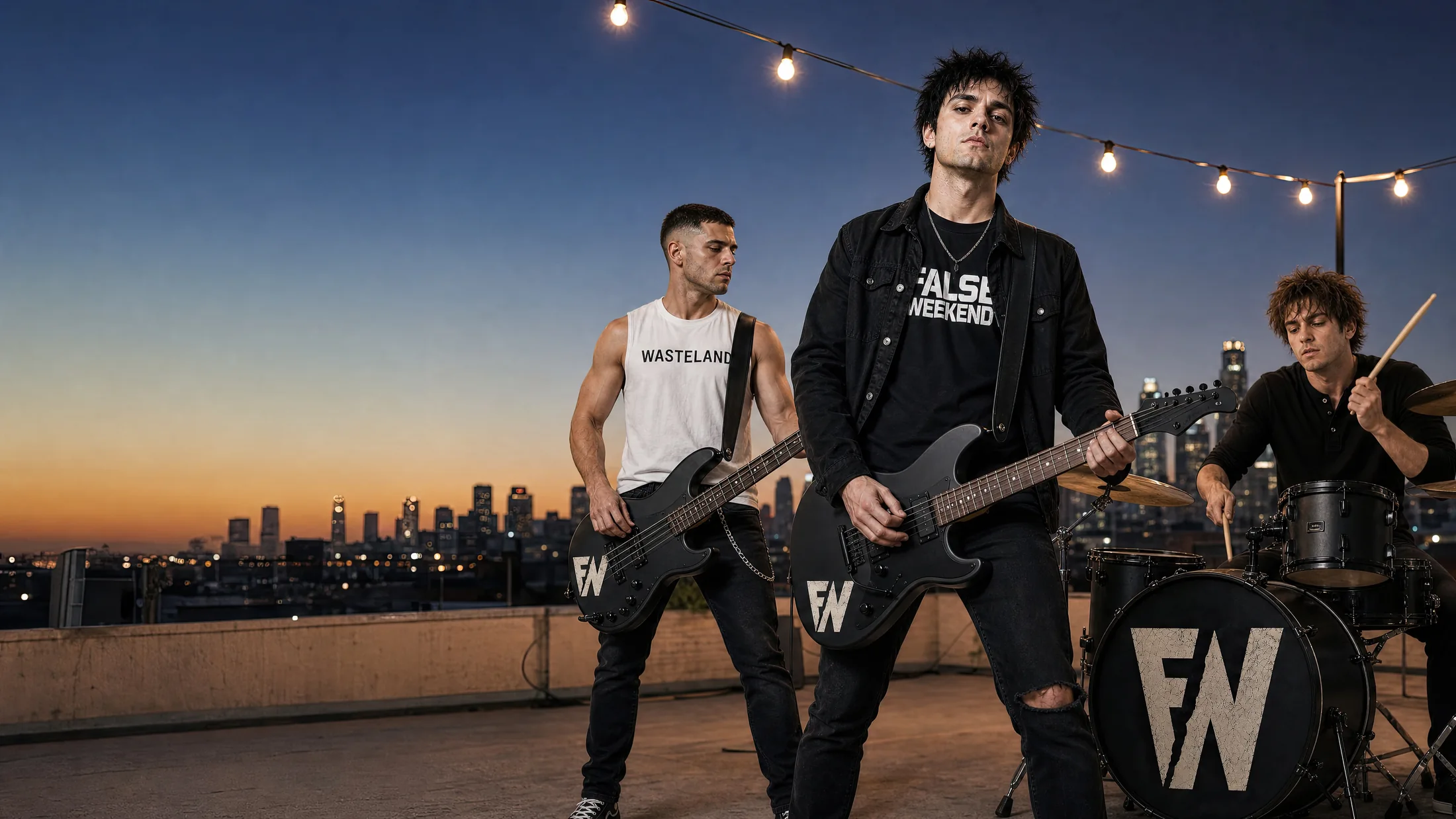 FALSE WEEKEND performing together on a rooftop at sunset