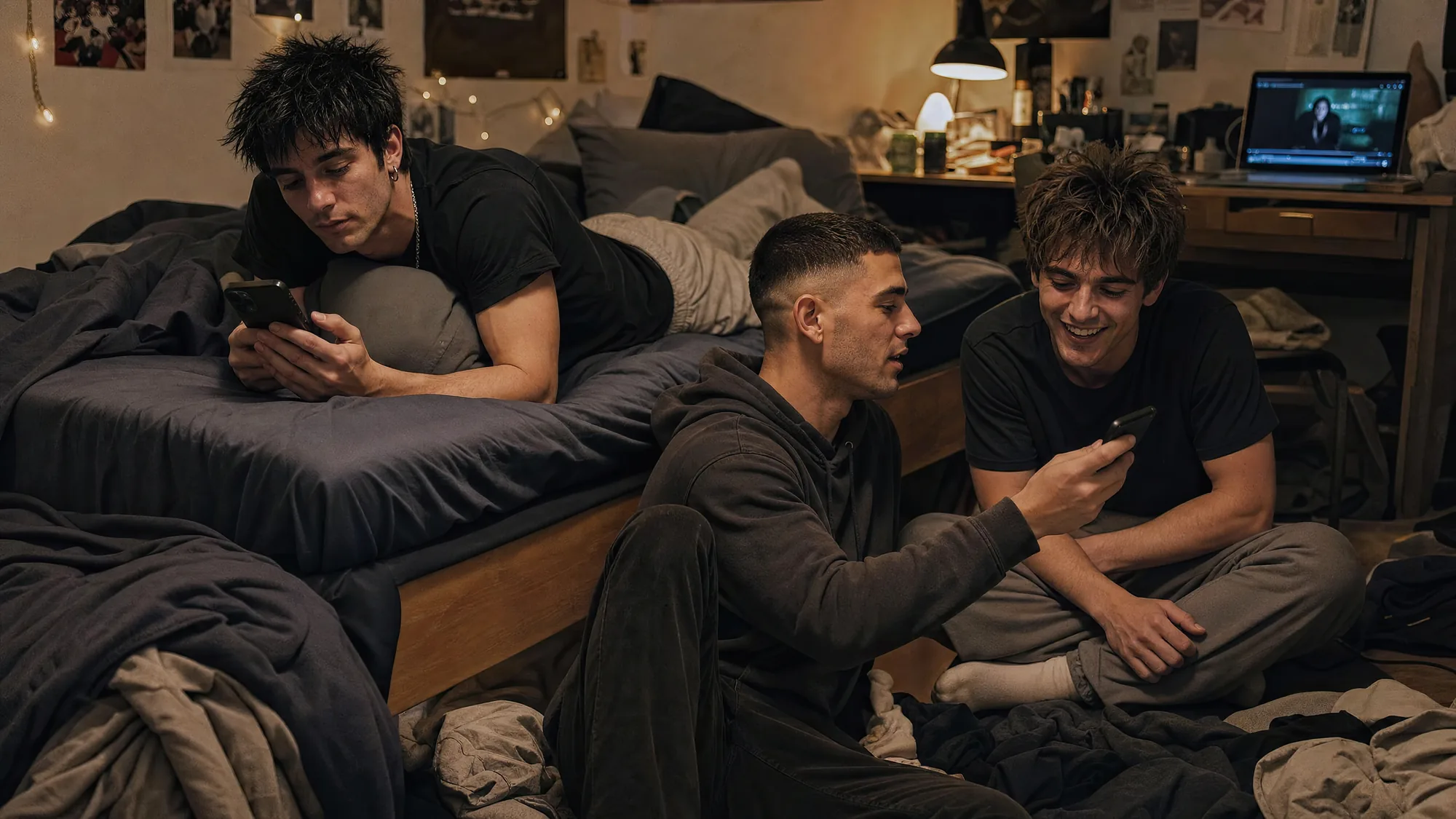 The three members of FALSE WEEKEND relaxing and sharing ideas in a bedroom